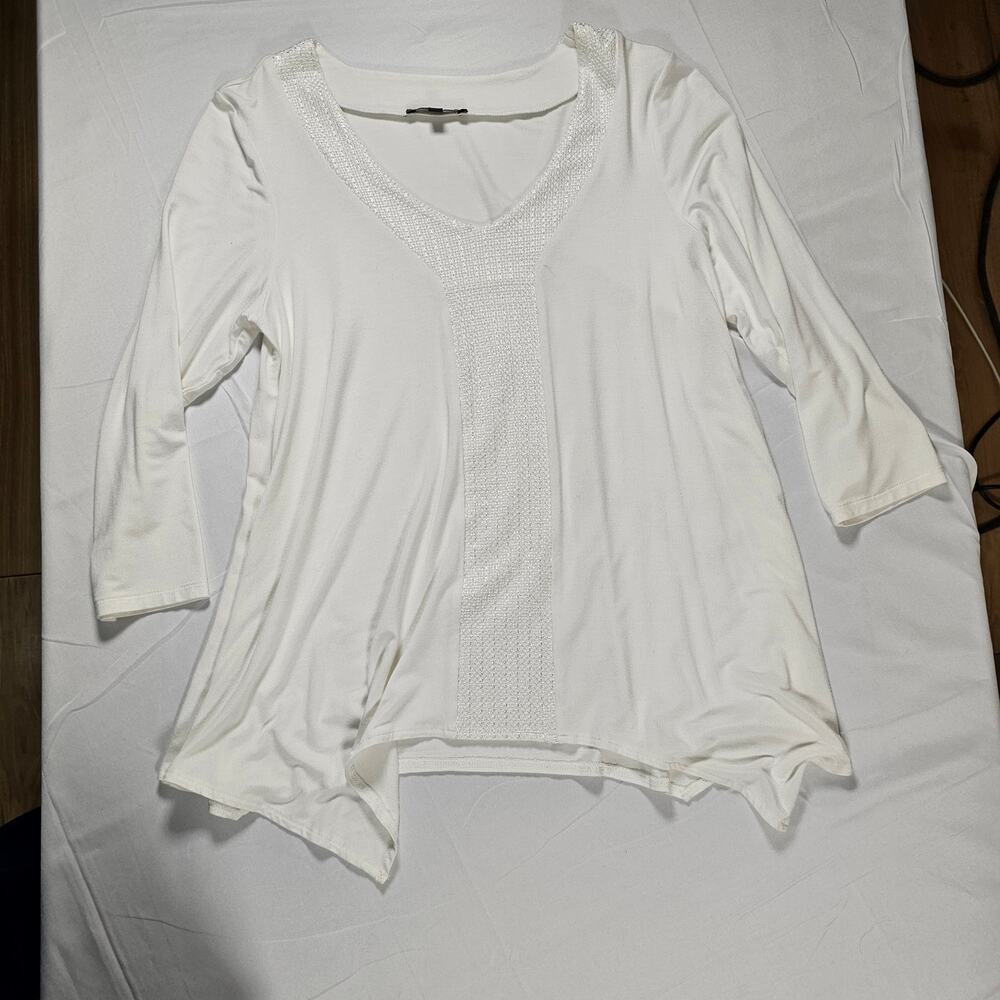 Adrianna Papell Embellished Blouse Small Ivory 3/4 Sleeve Asymmetrical Hem Top‎